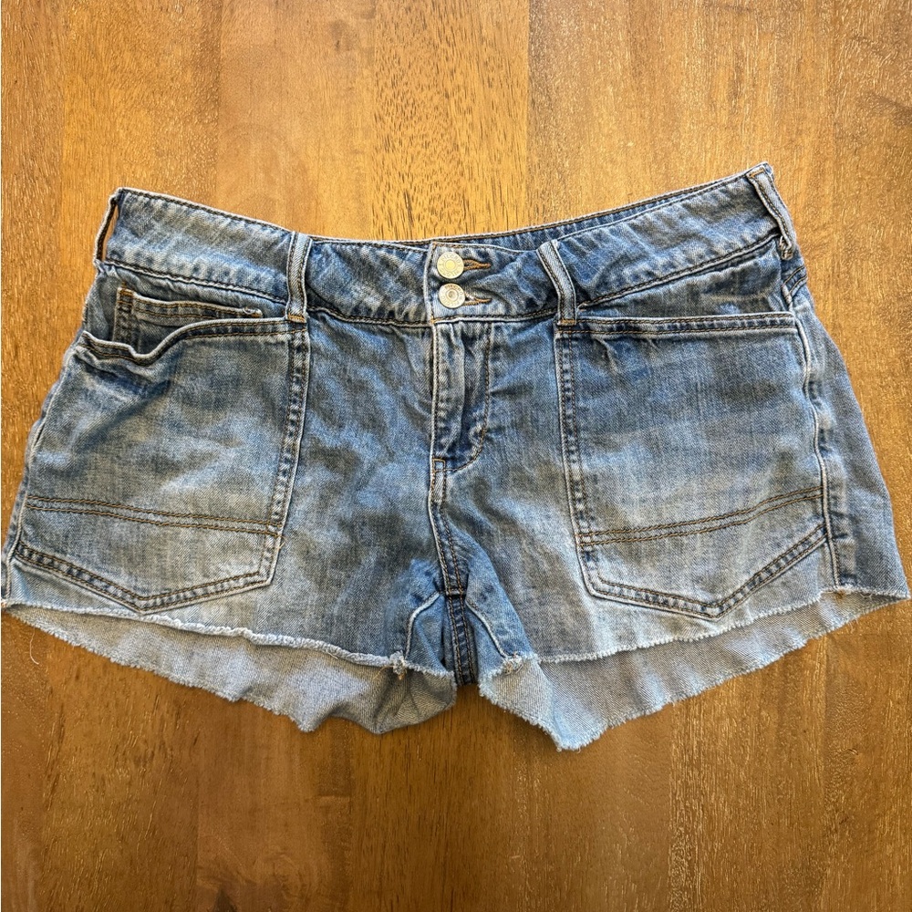 Pilcro Blue Jean Shorts with Frayed Hem and Relaxed Fit